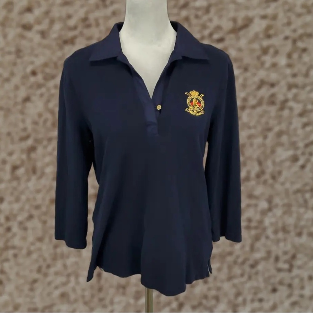 LRL Embroidered Crest Knit Top Women’s Size XL Collared 3/4 Sleeves Logo Classic